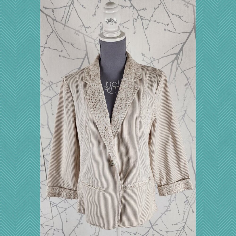 Chico's Beige Pinstripe Lace Detail Single Button Blazer